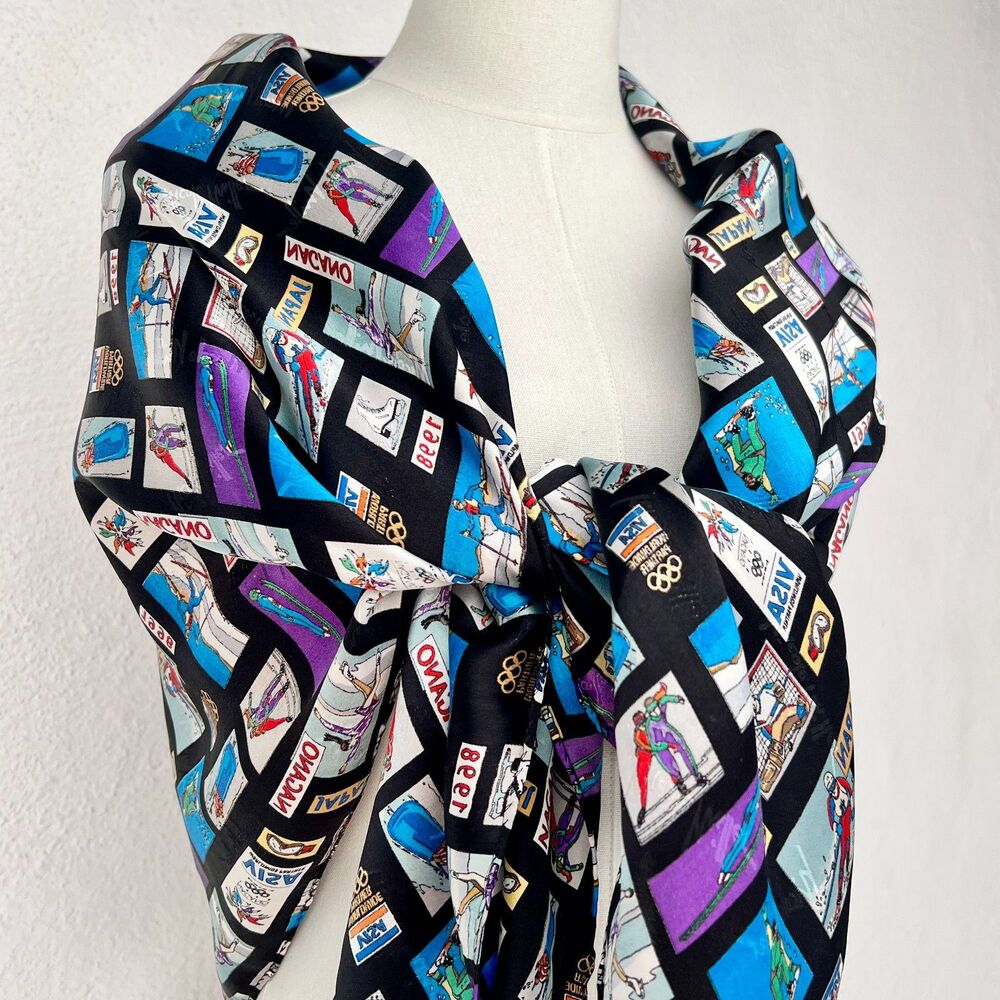 Vintage Nicole Miller 1998 Nagano Winter Olympics Commemorative 100% Silk Scarf